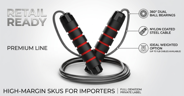 Premium B2B fitness jump rope with ergonomic black and red handles, dual ball bearings, and a nylon-coated steel cable for retail importers
