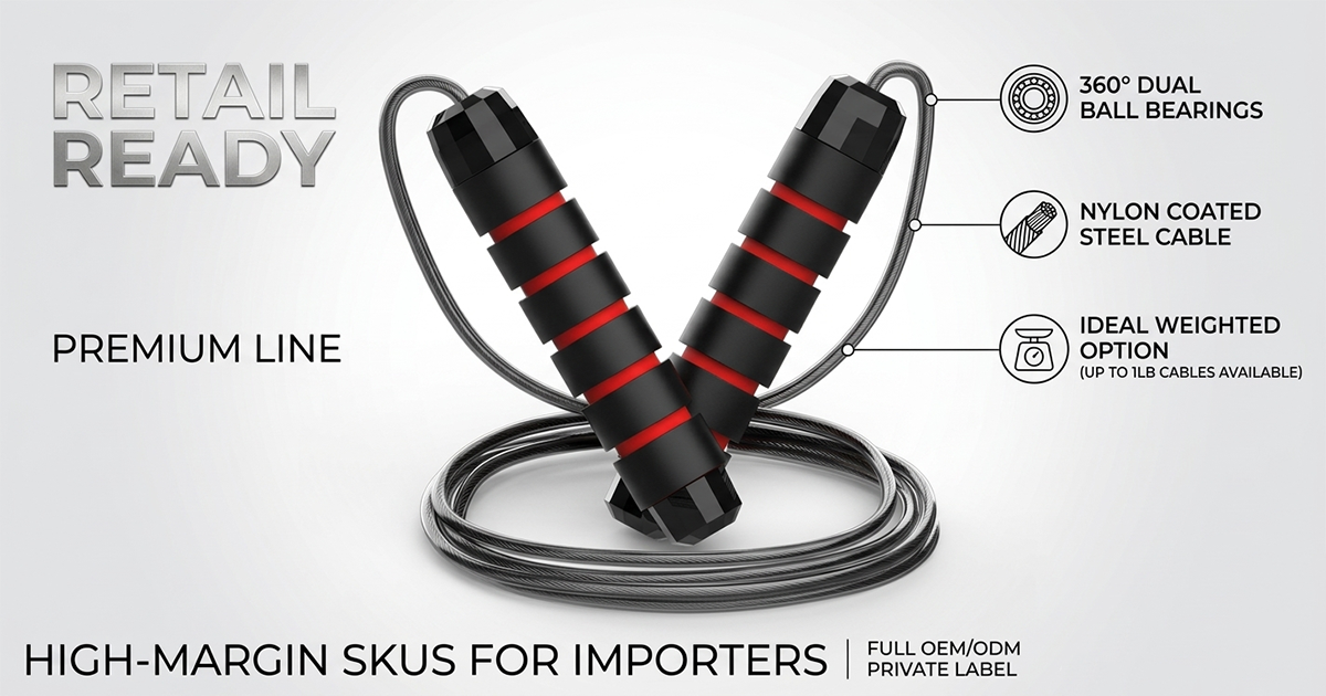 Premium B2B fitness jump rope with ergonomic black and red handles, dual ball bearings, and a nylon-coated steel cable for retail importers